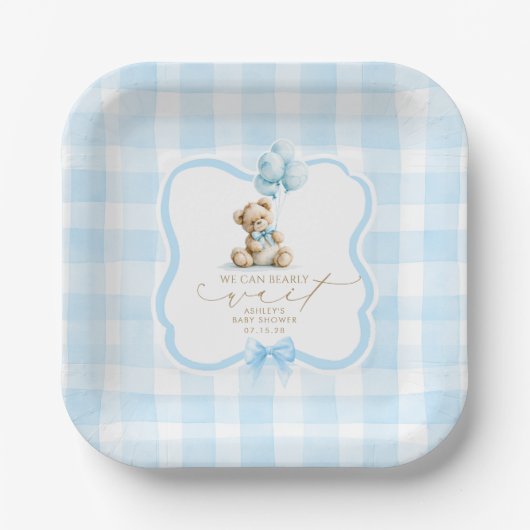 Blaue Gingham-Teddybär-Junge-Baby-Party Pappteller (Vorderseite)
