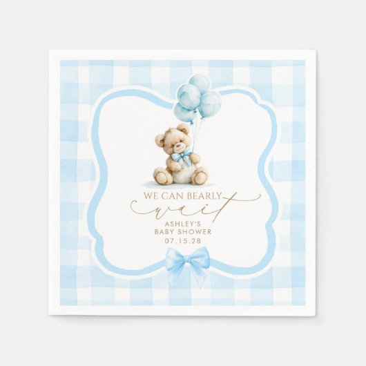 Blaue Gingham-Teddybär-Junge-Baby-Party Serviette (Vorderseite)