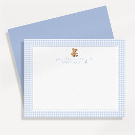 Blaue Gingham-Teddybär-Kinderzimmer-Notizkarte Ankündigung