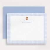 Blaue Gingham-Teddybär-Kinderzimmer-Notizkarte Ankündigung