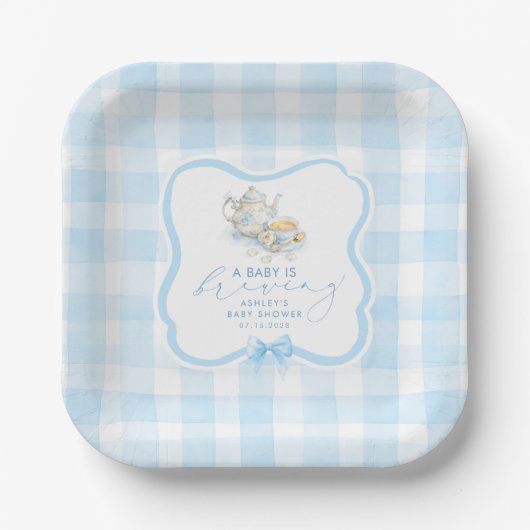 Blaue Gingham-Teeparty-Junge-Baby-Party Pappteller (Vorderseite)