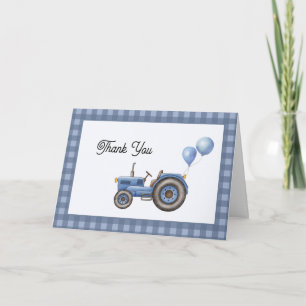 Blaue Gingham-Traktor-Ballon-Baby-Party Dankeskarte