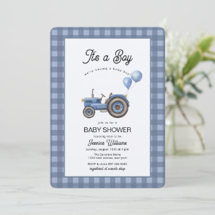 Blaue Gingham-Traktor-Ballon-Baby-Party  Einladung