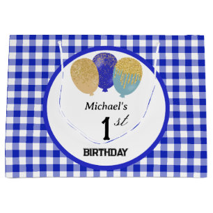 Blaue Gingham- und blaue Glitter-Partyballons Große Geschenktüte