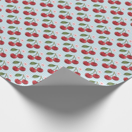 Blaue Gingham und Kirschen Geschenkpapier (Ecke)