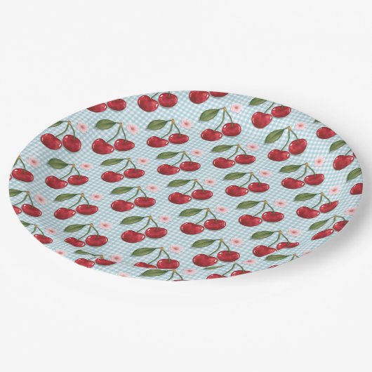 Blaue Gingham und Kirschen Pappteller (Schrägansicht)