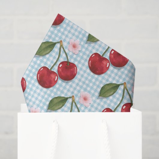 Blaue Gingham und Kirschen Seidenpapier (Geschenk Tasche)