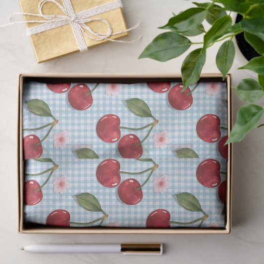 Blaue Gingham und Kirschen Seidenpapier (Geschenk)