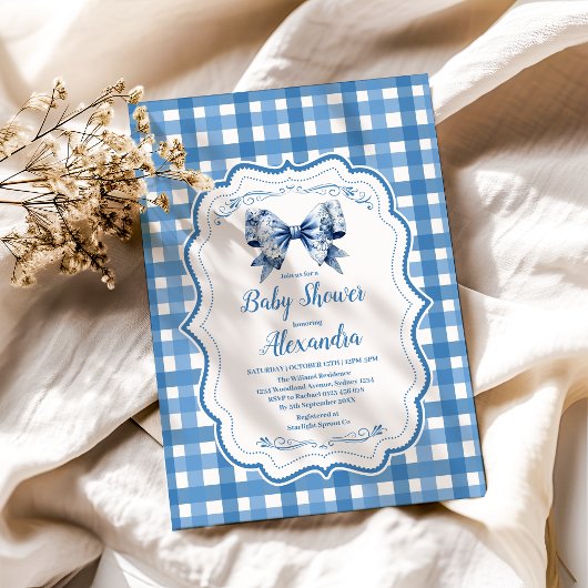 Blaue Gingham und Schleife Einladung
