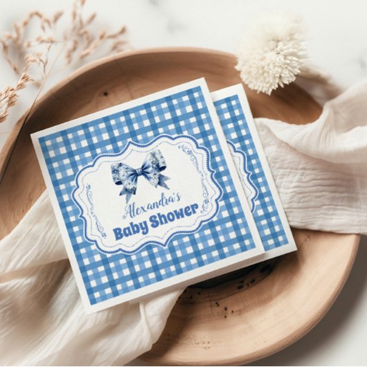 Blaue Gingham- und Schleifen-Baby-Party Serviette