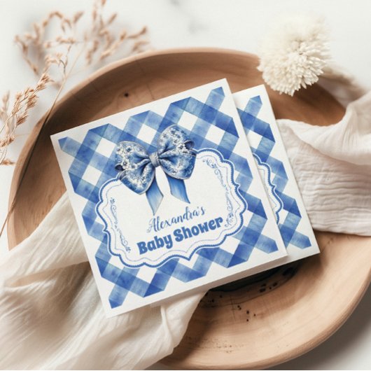 Blaue Gingham- und Schleifen-Baby-Party Serviette