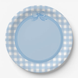 Blaue Gingham- und Schleifen-Partyplatte Pappteller