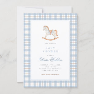 Blaue Gingham Vintage Schaukelpferd Baby Shower Einladung