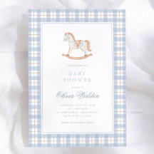Blaue Gingham Vintage Schaukelpferd Baby Shower