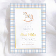 Blaue Gingham Vintage-Schaukelpferd-Baby-Shower