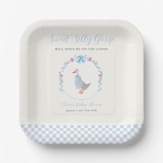 Blaue Gingham-Wald-Silvester-Gans-Baby-Party Pappteller (Vorderseite)
