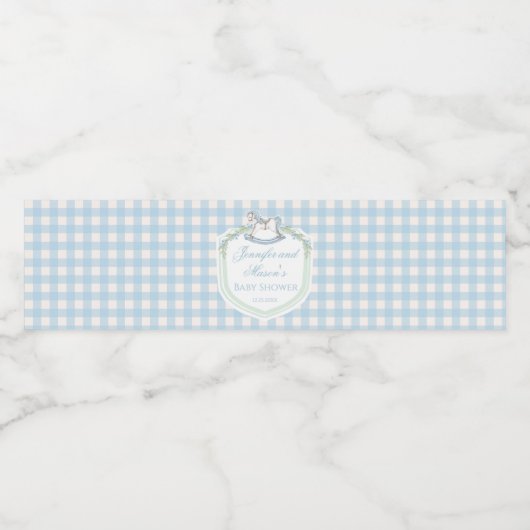Blaue Gingham-Wappen-Babydusche Wasserflaschenetikett (Einzelnes Label)