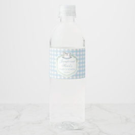Blaue Gingham-Wappen-Babydusche Wasserflaschenetikett