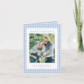 Blaue Gingham-Weihnachtsfoto Feiertagskarte (Vorderseite)