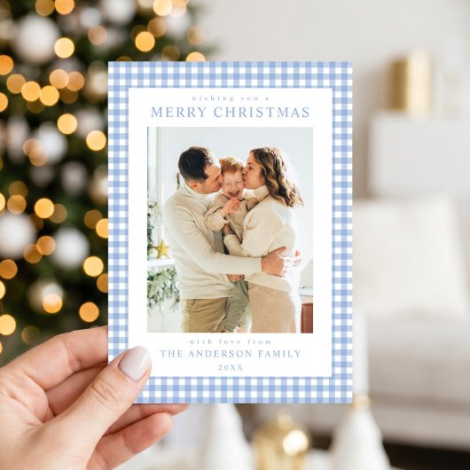 Blaue Gingham-Weihnachtsfoto Feiertagskarte