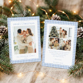 Blaue Gingham-Weihnachtsfoto Feiertagskarte