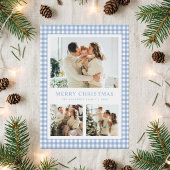 Blaue Gingham-Weihnachtsfoto Feiertagskarte