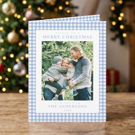 Blaue Gingham-Weihnachtsfoto Feiertagskarte