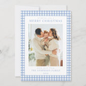 Blaue Gingham-Weihnachtsfoto Feiertagskarte (Vorderseite)