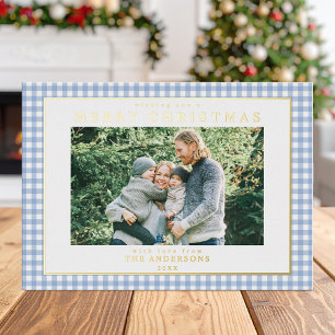 Blaue Gingham-Weihnachtsfoto Folien Feiertagskarte