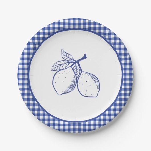Blaue Gingham-Zitronen-Sommerfeier-Papier Pappteller (Vorderseite)
