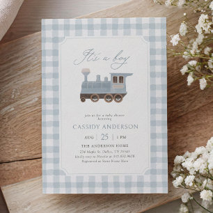 Blaue Gingham-Zug-Baby-Party Einladung