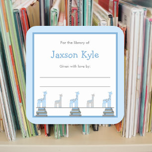 Blaue Giraffen-Jungen-Baby-Duschen-Buchzeichen Quadratischer Aufkleber