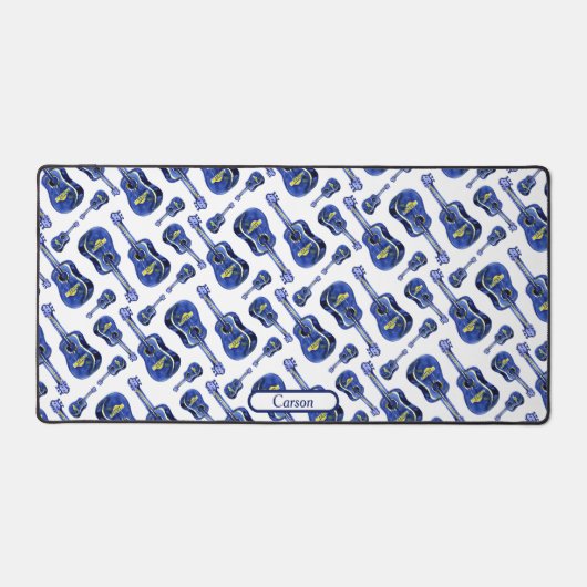 Blaue Gitarren Muster Monogram Schreibtischunterlage (Vorderseite)