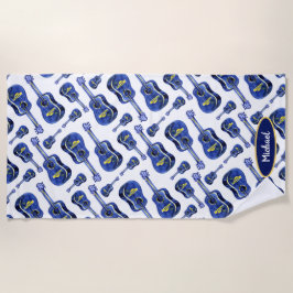 Blaue Gitarren-Muster Monogramm Strandtuch