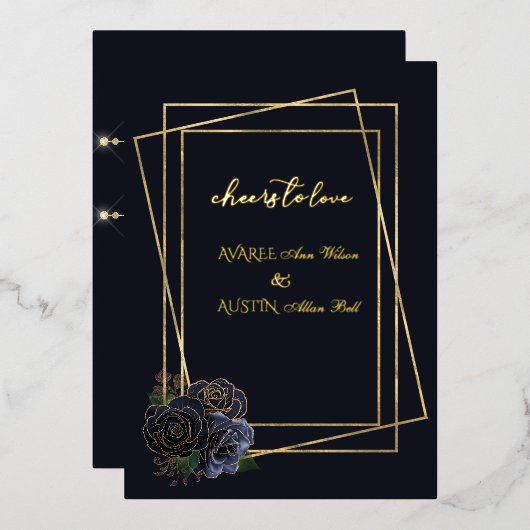 Blaue Glam-Rose und Schwarz-Gold-Folien Folieneinladung (Vorderseite/Rückseite)