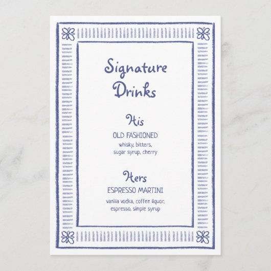 Blaue, glänzende Hand gezeichnete Hochzeitssignatu Menükarte (Vorderseite)