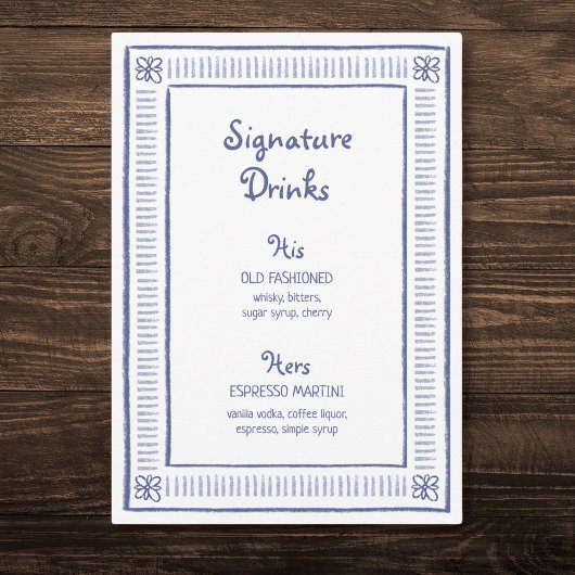 Blaue, glänzende Hand gezeichnete Hochzeitssignatu Menükarte