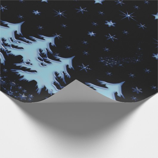 Blaue, glänzende Weihnachtsbäume und Sterne am Nac Geschenkpapier (Ecke)