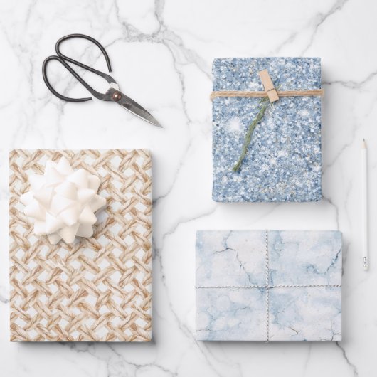 Blaue Glitter-Eierschalen-Korbegewebe-Geburtstag Geschenkpapier Set (Vorderseite)