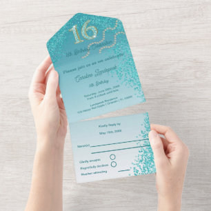 Blaue Glitter-Kalligrafie-Nummer Sweet 16 All In One Einladung