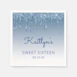 Blaue Glitter-Tröpfchen Glamouröse Sweet 16 Party Serviette