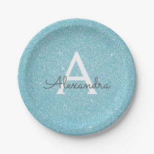 Blaue Glitter- und Funkelmonogramm-Geburtstag Pappteller