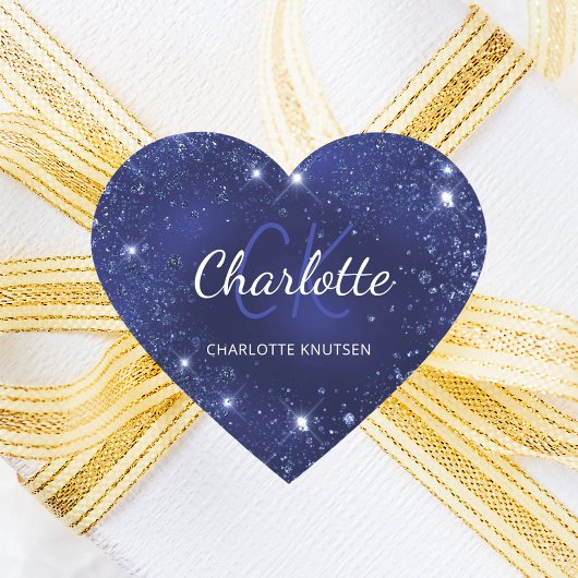 Blaue Glitterstaub-Monogramm-Name Herz-Aufkleber
