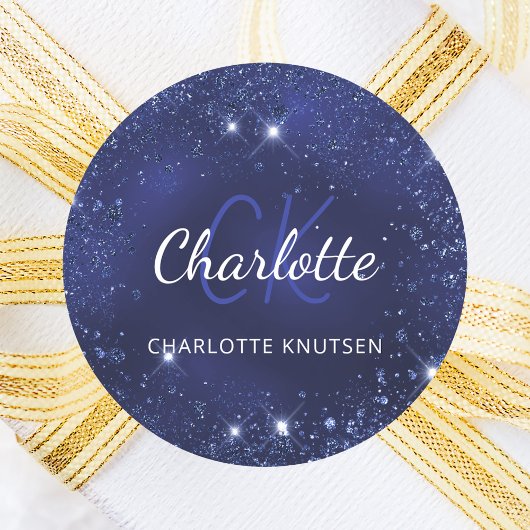 Blaue Glitterstaub-Monogramm-Name Runder Aufkleber
