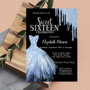 Blaue Glittertropfen, Blaues Kleid Schwarzes Sweet Einladung