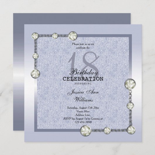 Blaue Glitzer & Diamantdekoration Geburtstag Einladung (Vorne/Hinten)