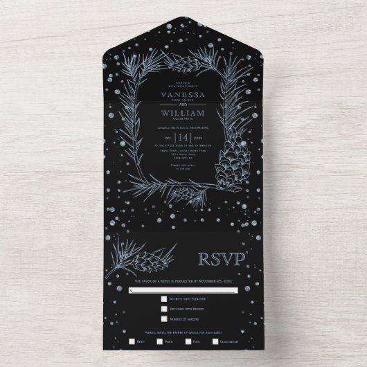 Blaue Glitzer-Kiefer, Konfetti All In One Einladung (Innen Boden)