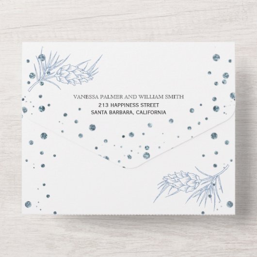 Blaue Glitzer-Kiefer, Konfetti All In One Einladung (Rückseite)