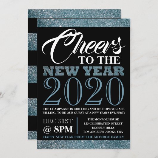 Blaue Glitzer Streifen, neues Jahr Einladung (Vorne/Hinten)