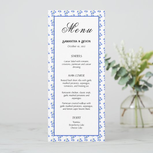 Blaue Glocken Hochzeit Menükarte (Stehend Vorderseite)